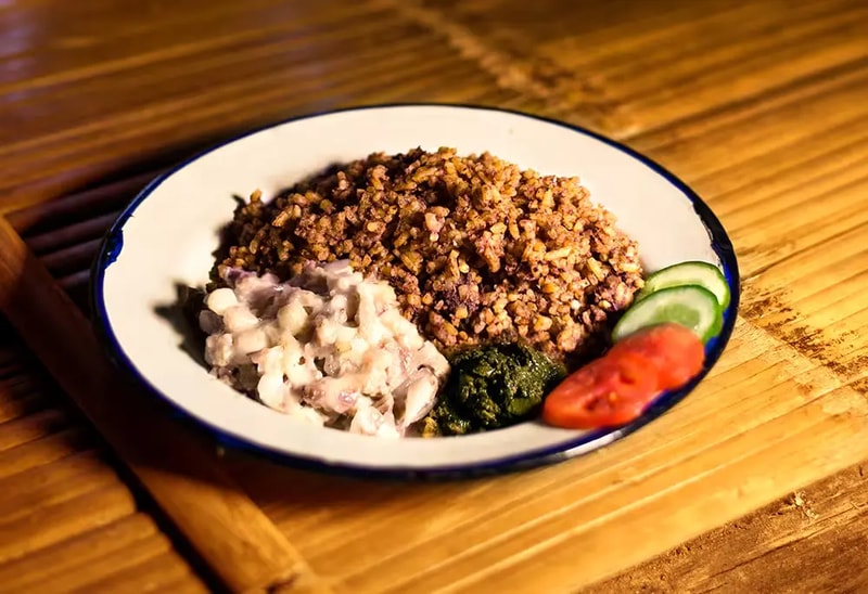 A plate of traditional Khasi food like Jadoh or bamboo shoot curry, served at an eco lodge